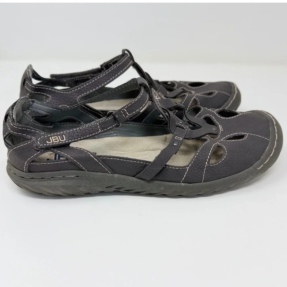 JBU Womens 7M Gray Mary Jane Flat Sandals Memory Foam Floral Laser Cut Vegan